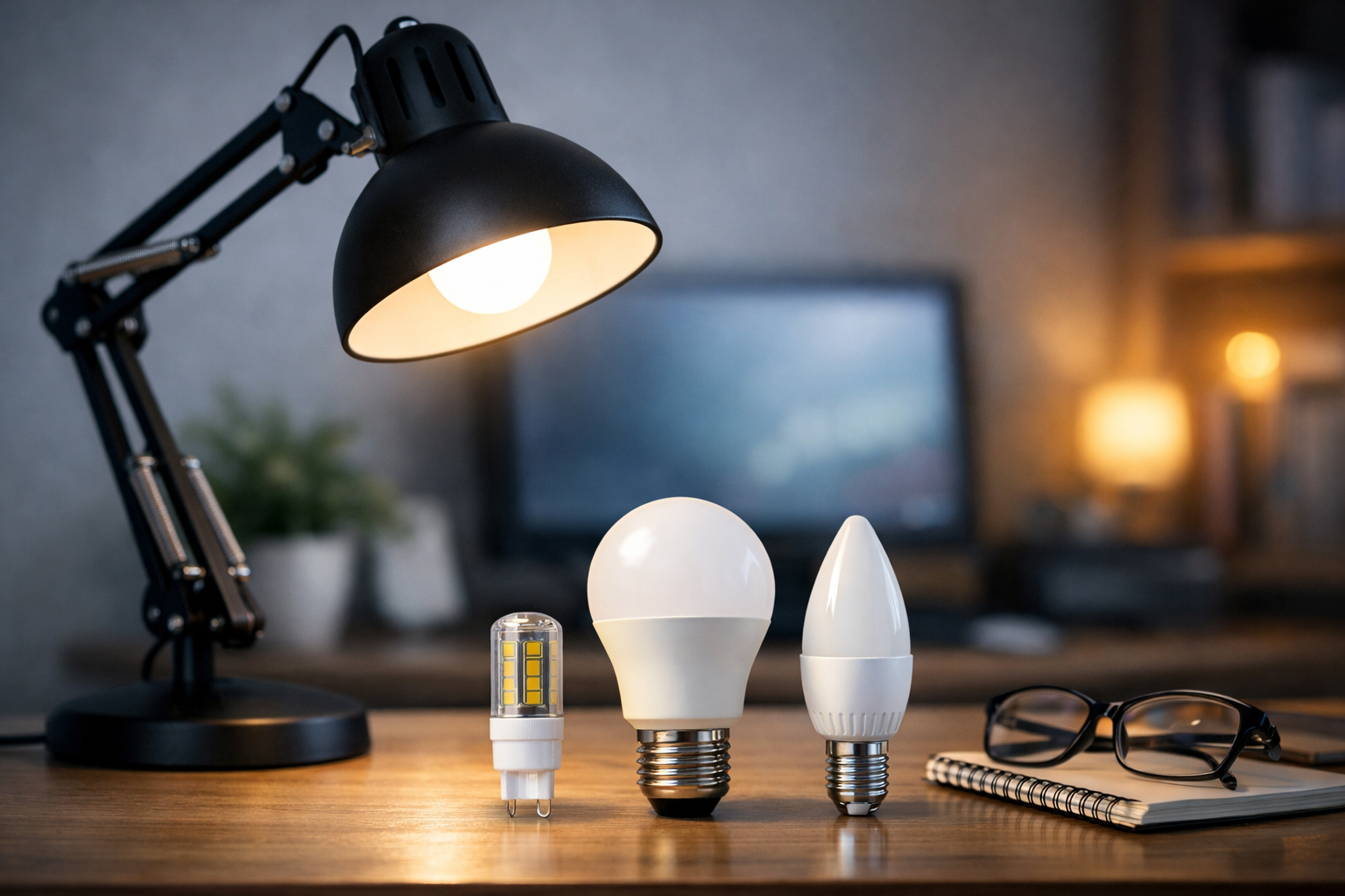 Desk lamp with eye-friendly LED bulbs on a modern workspace setup