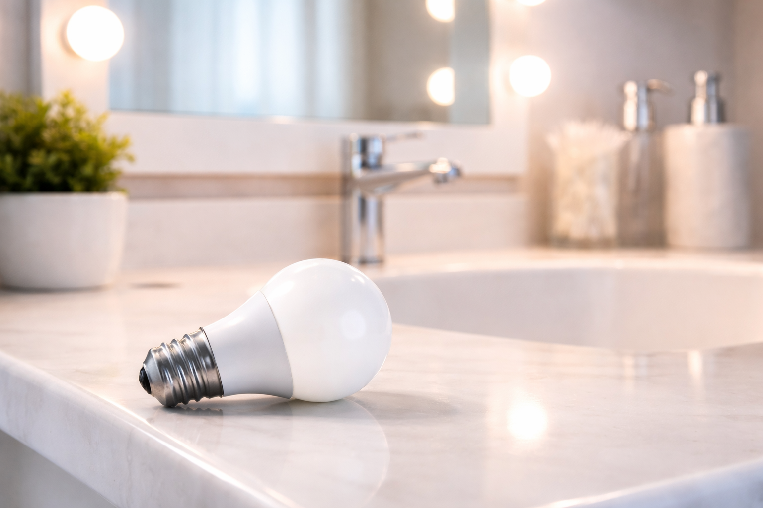 Single LED bulb resting on clean bathroom sink with soft natural lighting