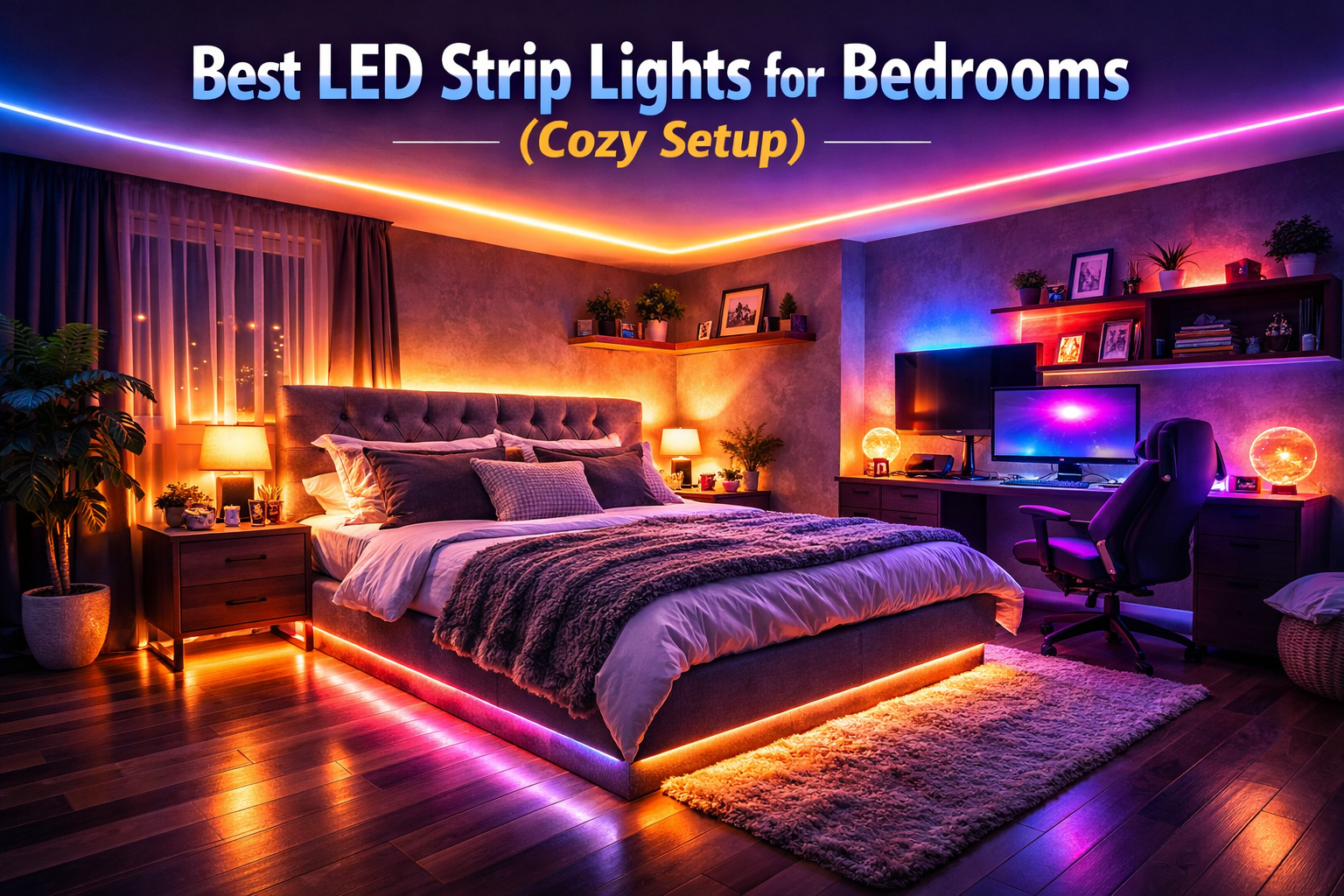 best led strip lights for bedrooms creating colorful ambient lighting around bed and ceiling
