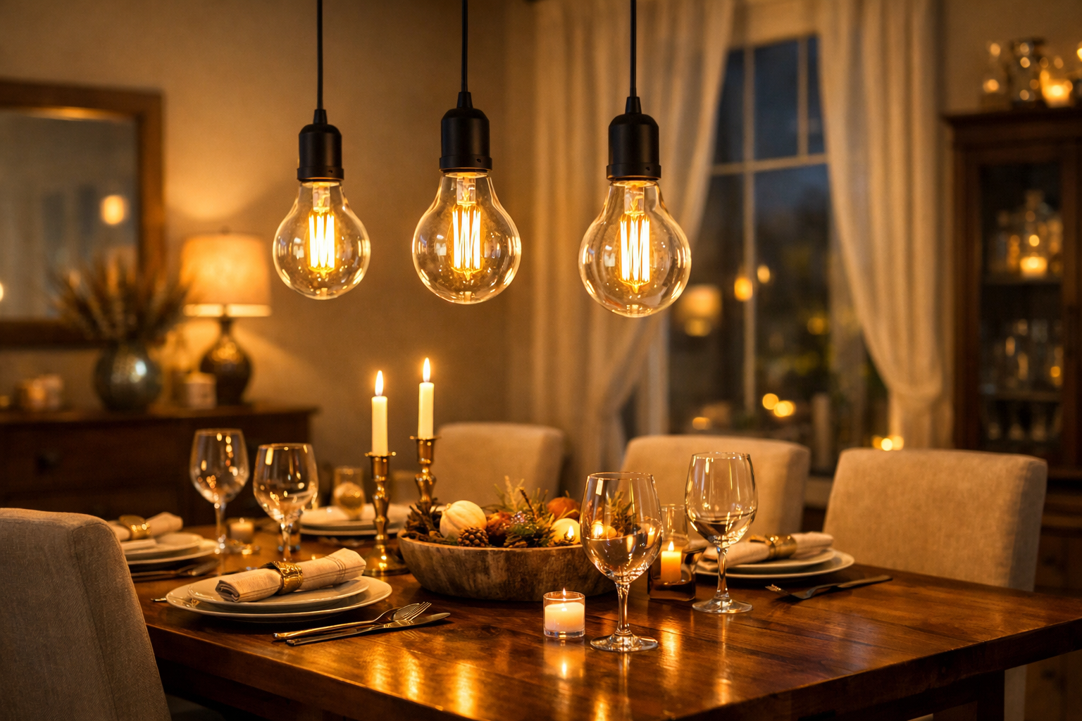 Warm hanging LED bulbs illuminating dining table creating cozy dinner atmosphere