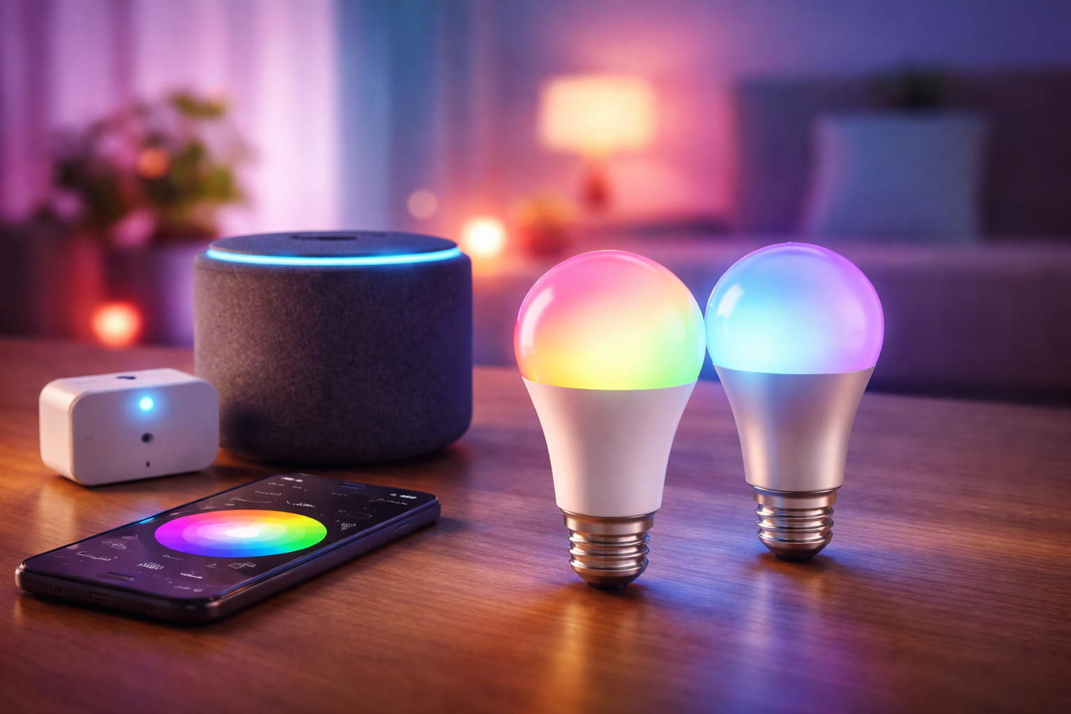 Smart LED bulbs changing colors next to voice assistant and mobile app control