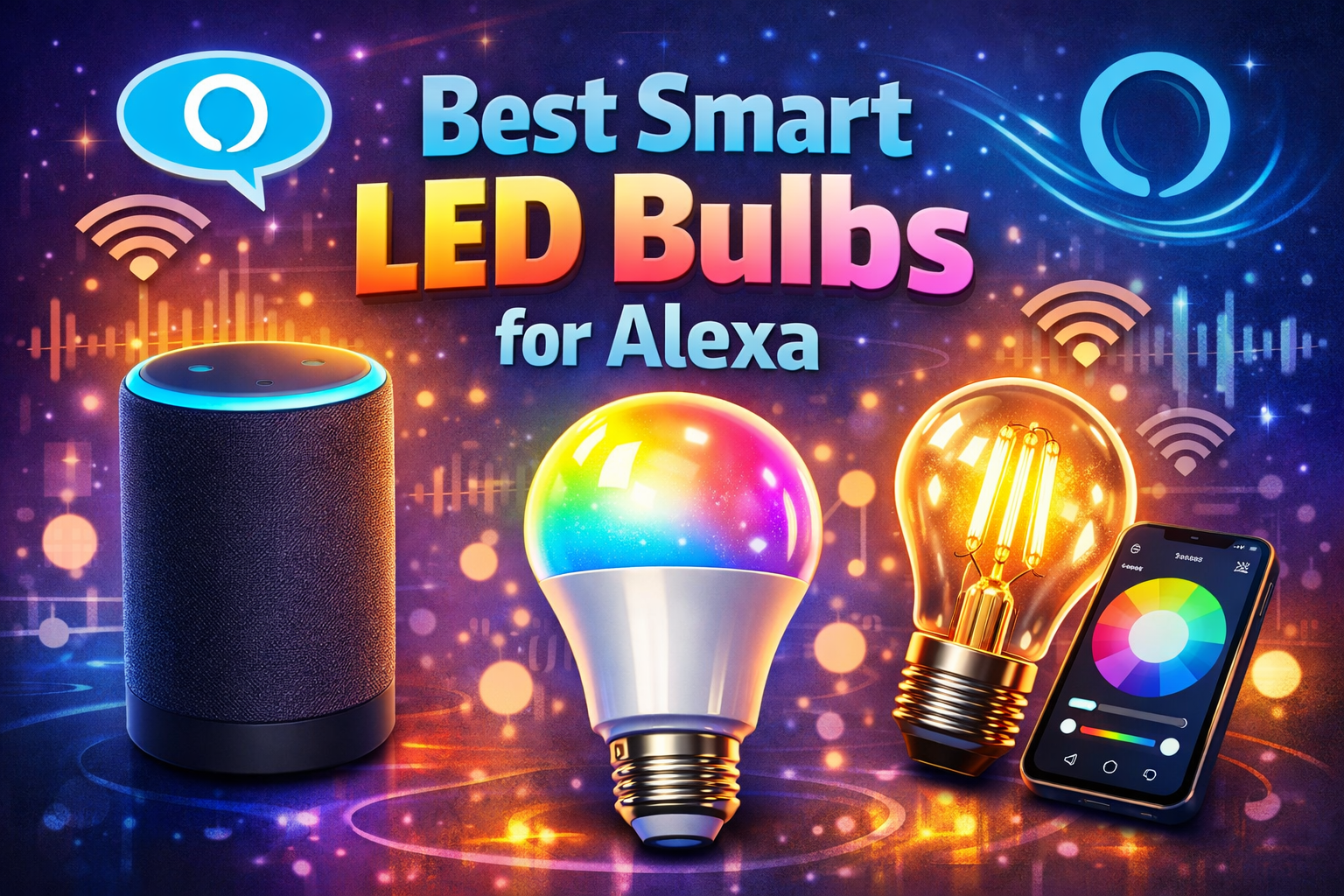 best smart led bulbs for alexa shown with speaker and colorful lighting control
