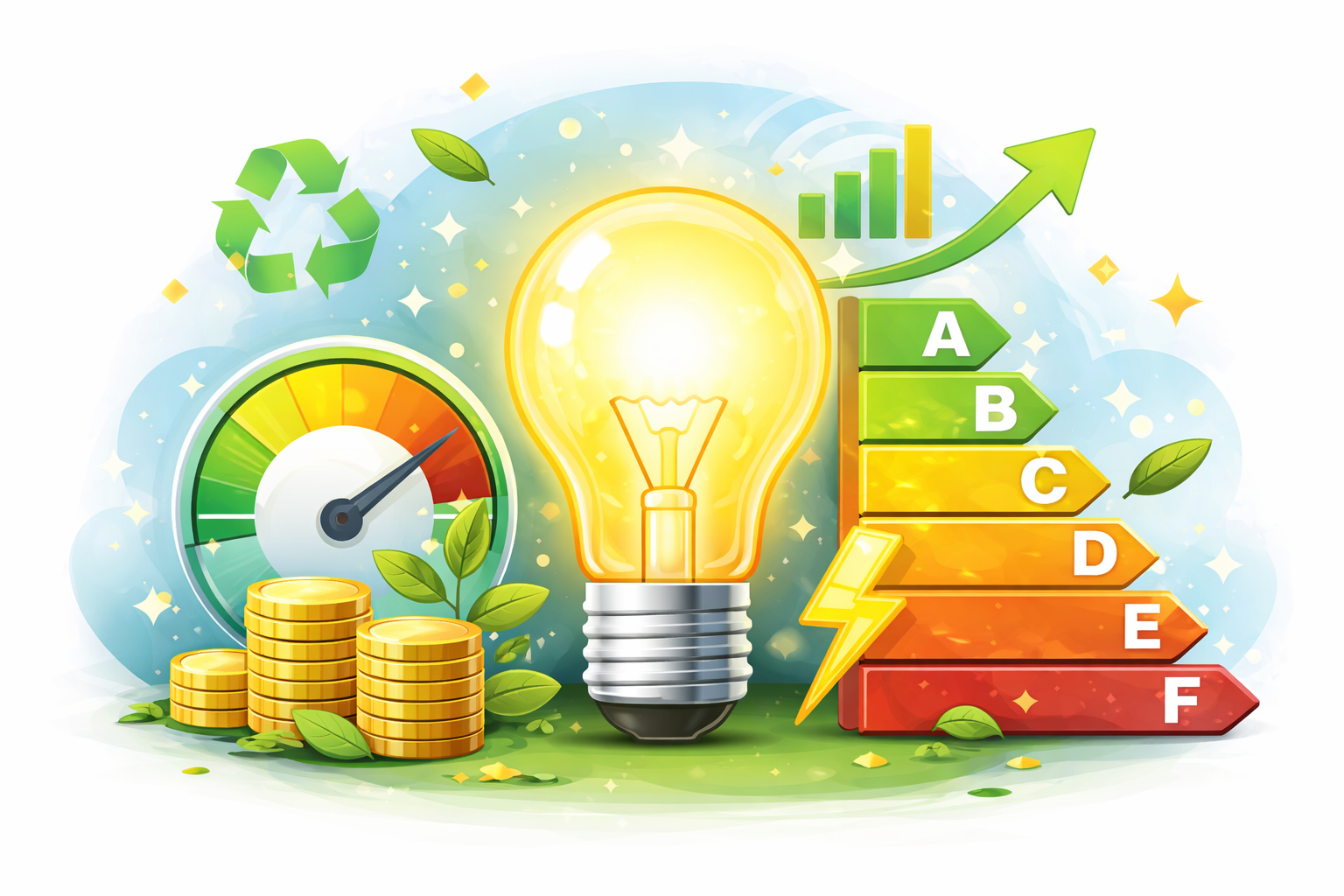 LED light bulb with energy efficiency rating scale and savings concept illustration