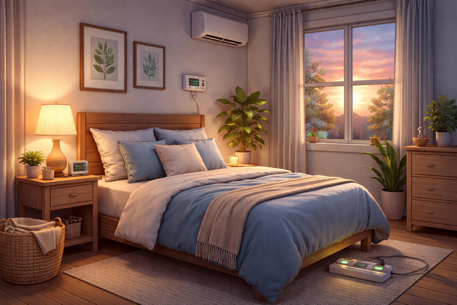 Energy-efficient bedroom lighting setup with LED lamp, smart thermostat, and cozy modern interior designed for reduced electricity consumption