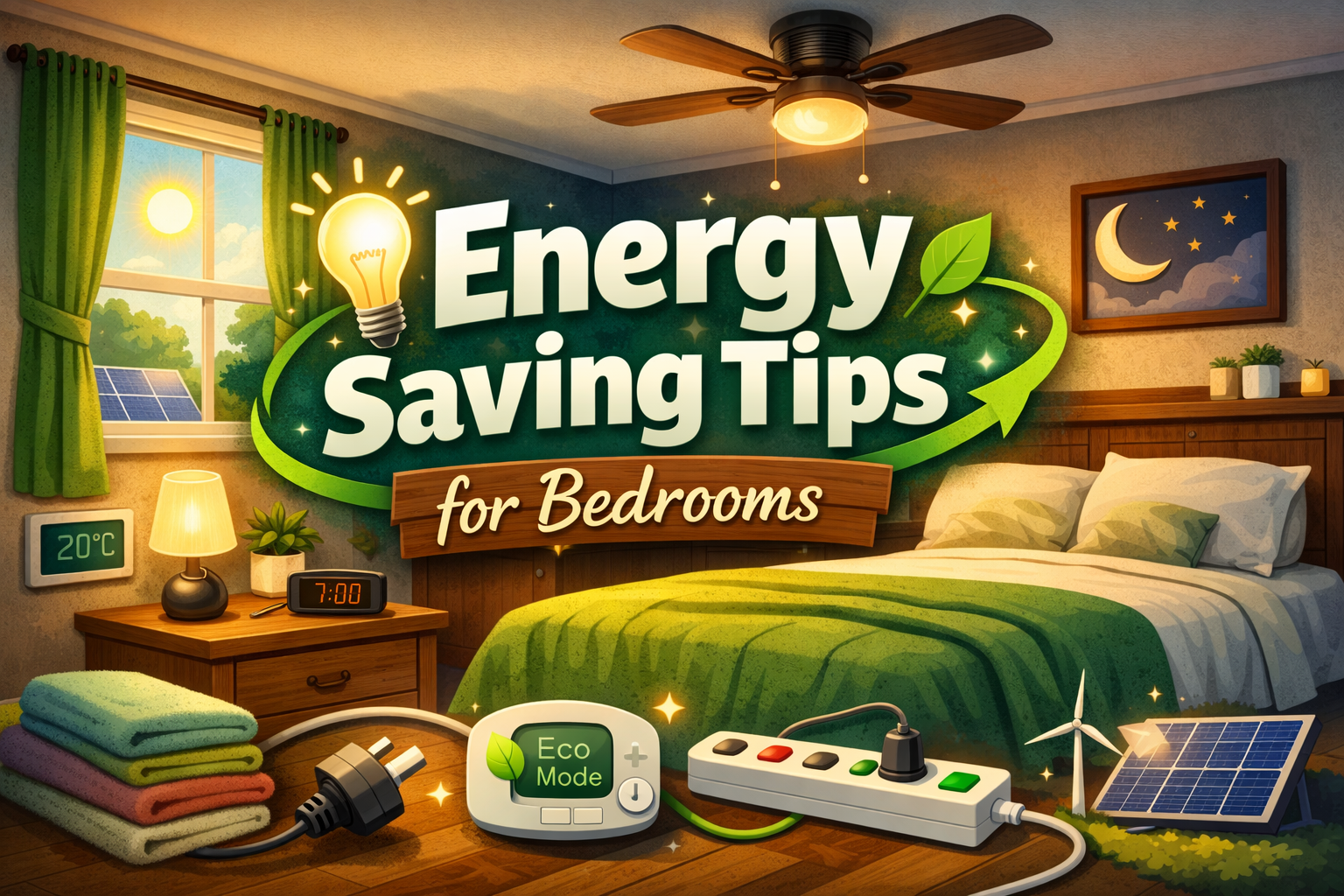 Energy-saving tips for bedrooms with LED lighting, eco thermostat, and smart power strip for lower electricity use
