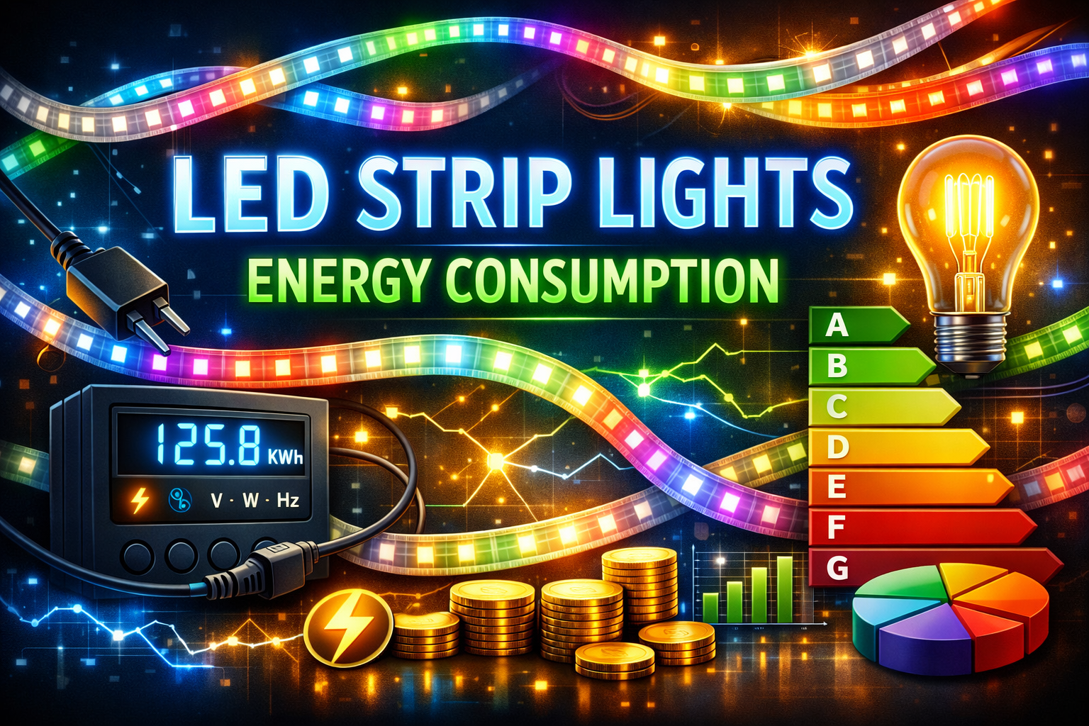 LED strip lights energy consumption illustration showing efficiency rating and electricity usage concept