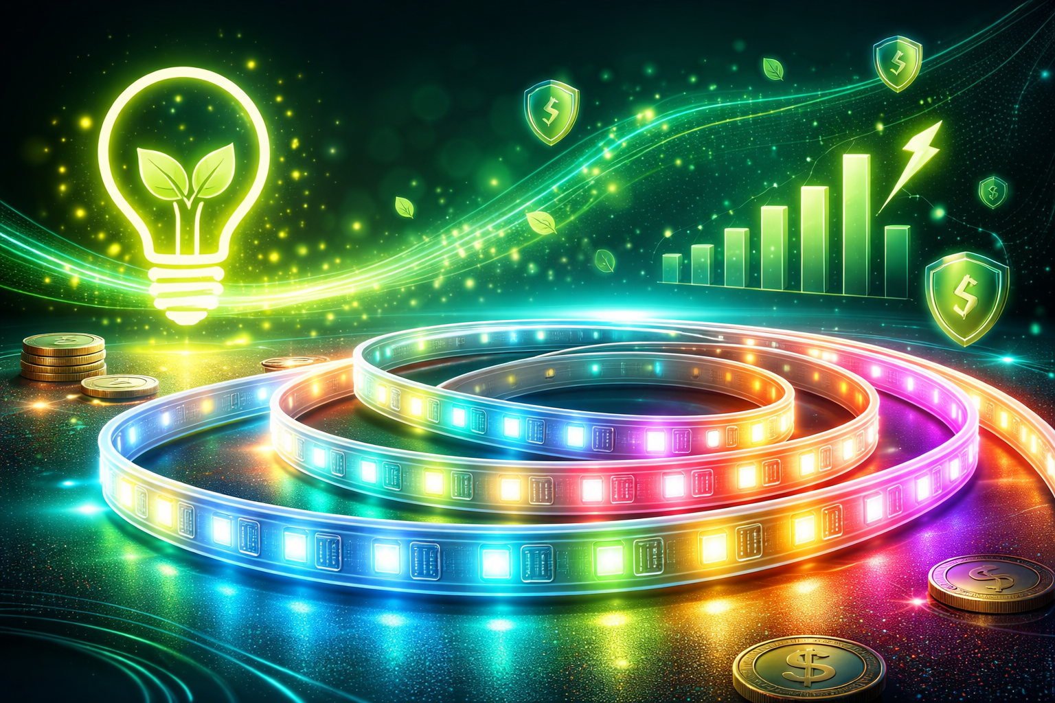LED strip lights energy consumption concept showing colorful LED strips with efficiency and electricity savings symbols