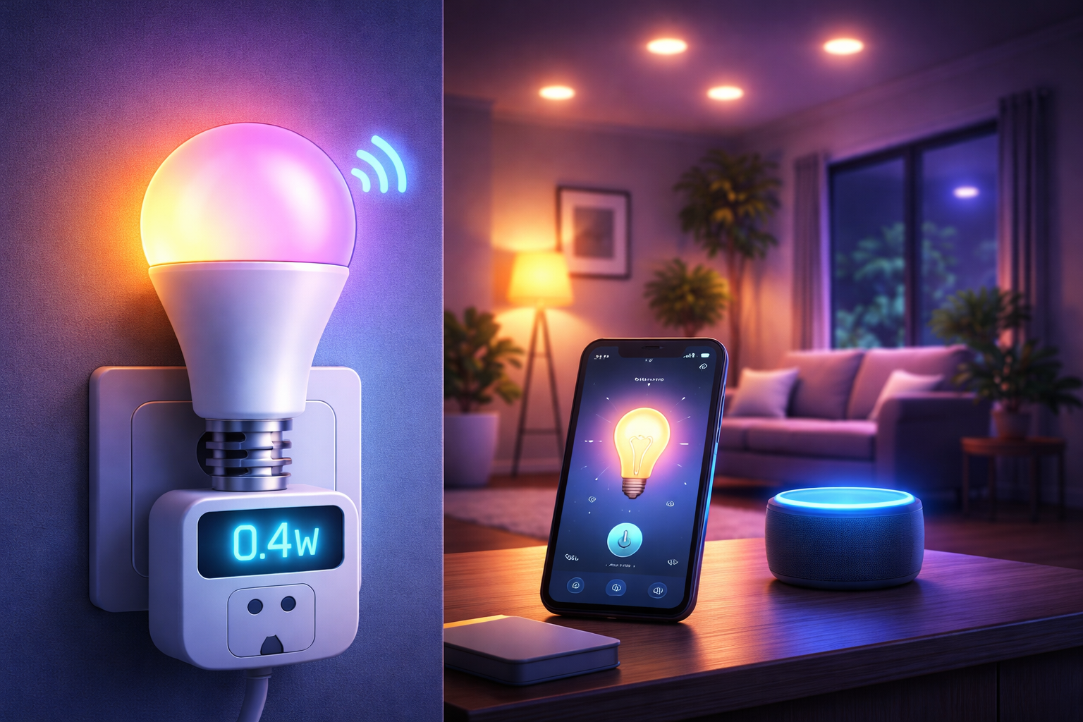 Smart LED bulb in standby mode showing 0.4W power usage in modern living room