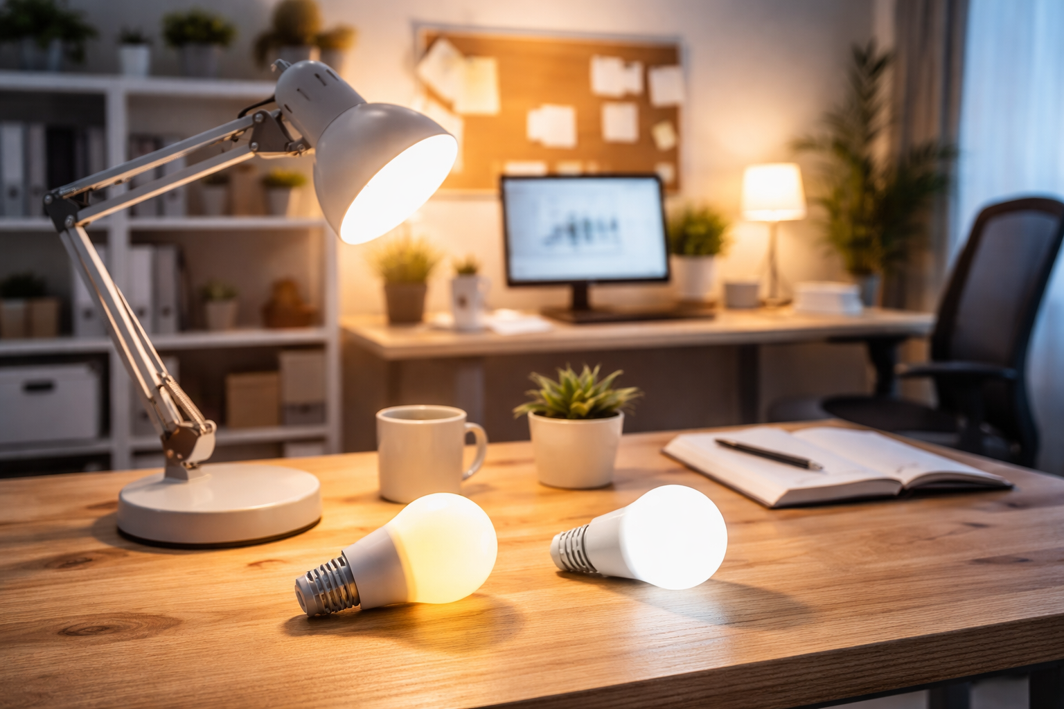 Home office desk with lamp and mixed LED bulbs for work lighting setup