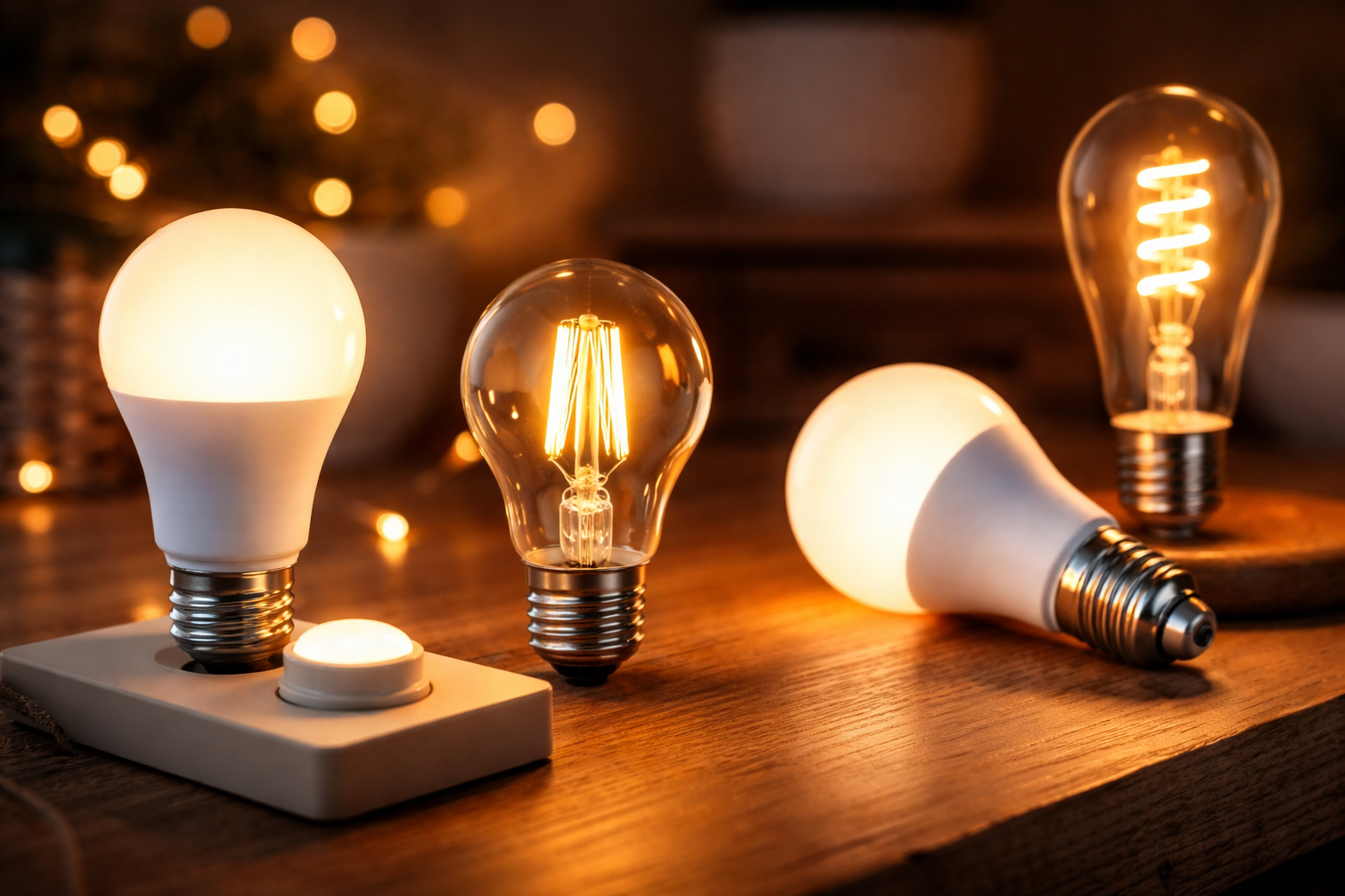 Different LED bulbs on table connected to dimmer switch with adjustable light levels