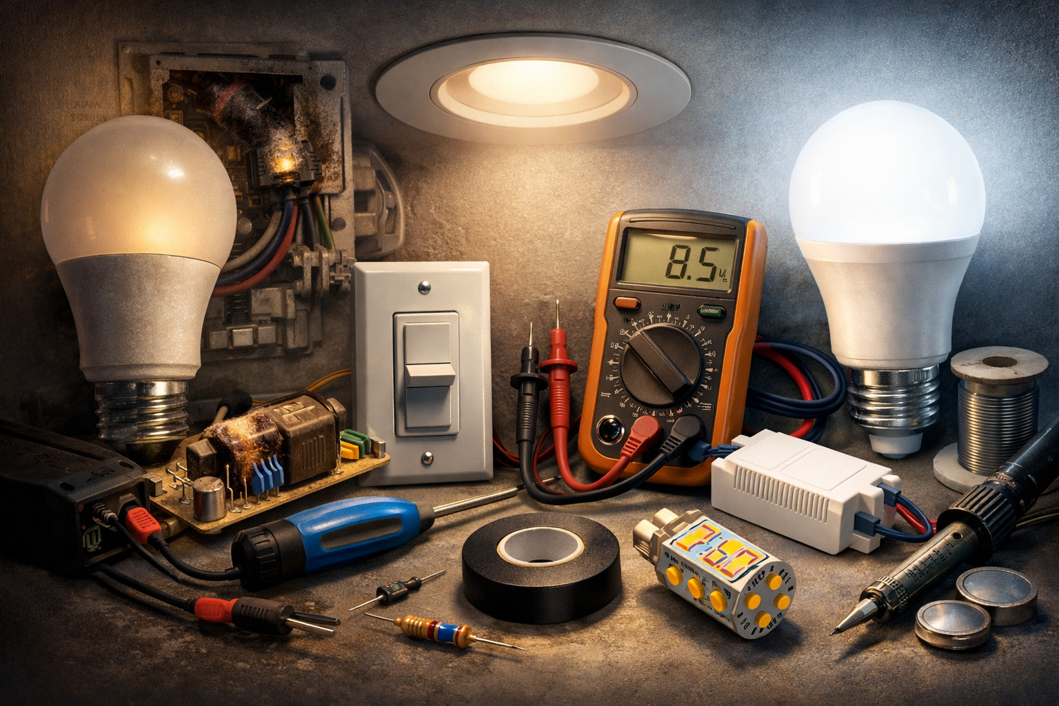 LED lighting components and tools used to diagnose dim brightness issues at home