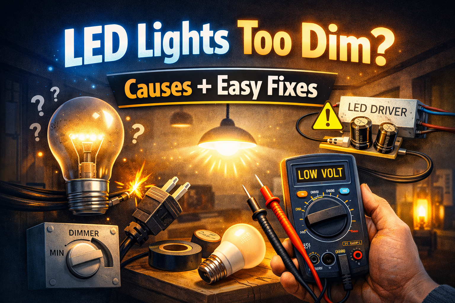 why are my led lights dim, showing troubleshooting tools and causes with low voltage meter