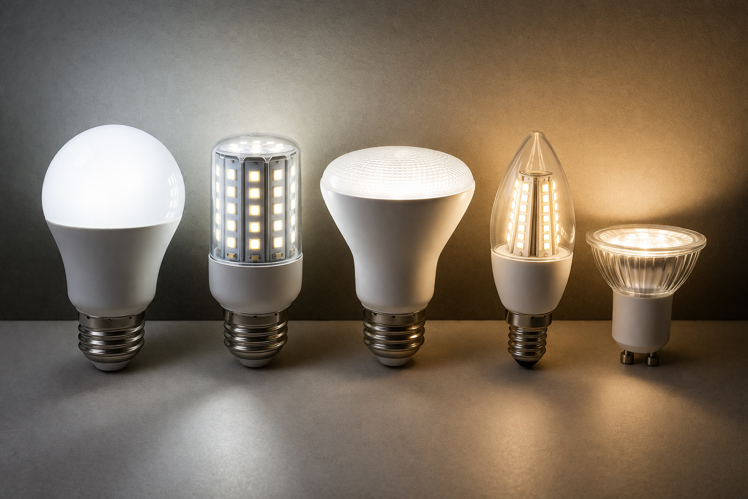 Different LED bulb types lined up showing brightness levels and design variations