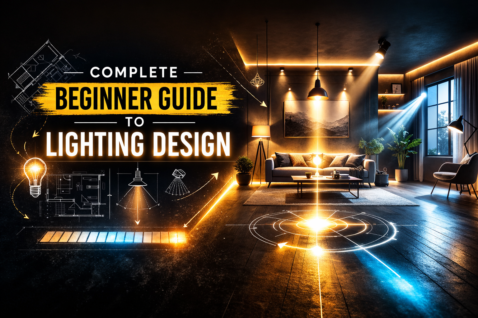 Beginner lighting guide to lighting design with modern living room and layered LED lighting example