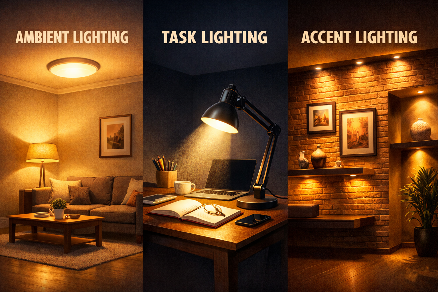 Ambient vs task vs accent lighting comparison in modern interior design