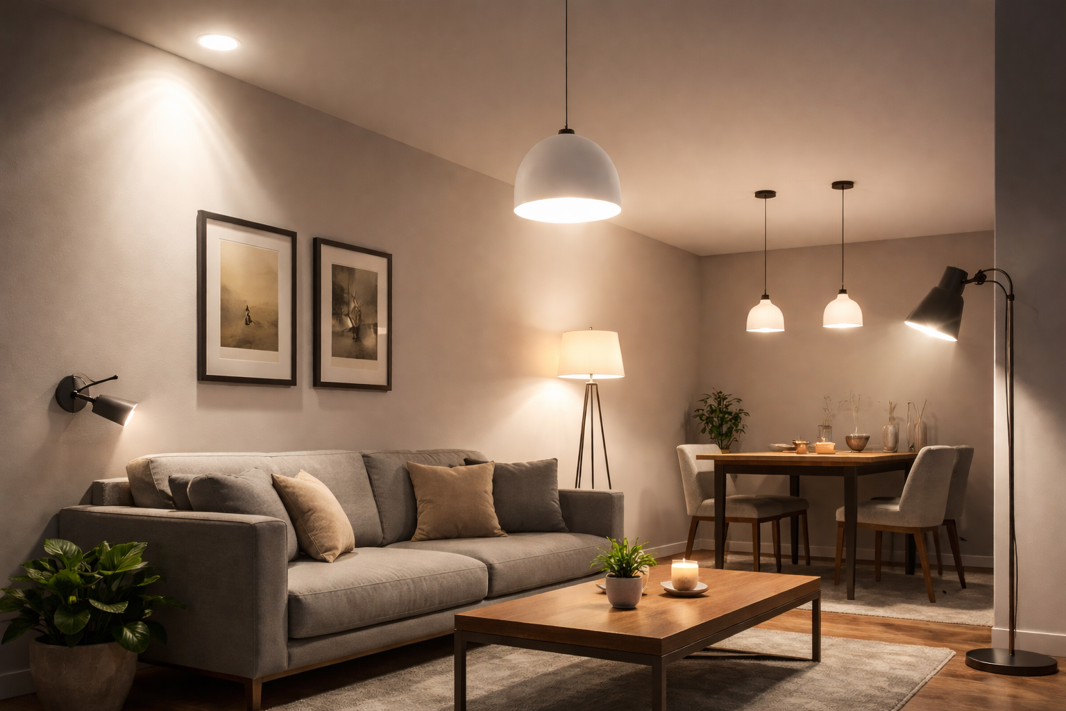 Living room with lighting placement mistakes creating glare and uneven illumination