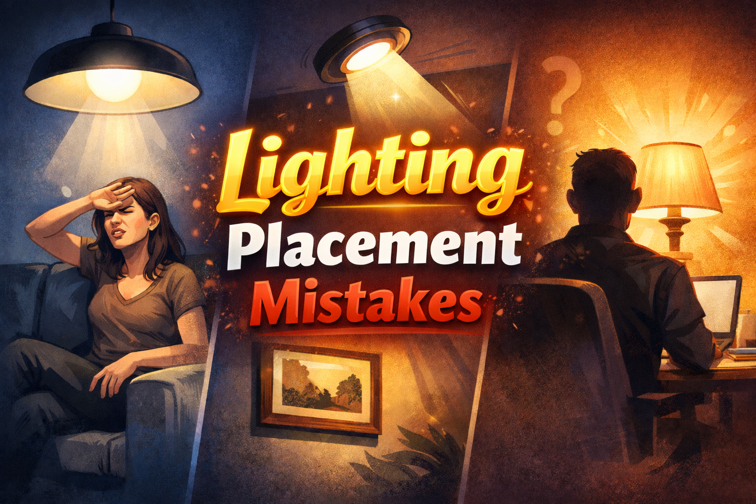 Lighting placement mistakes illustration showing glare, shadows, and poor lamp positioning in a room