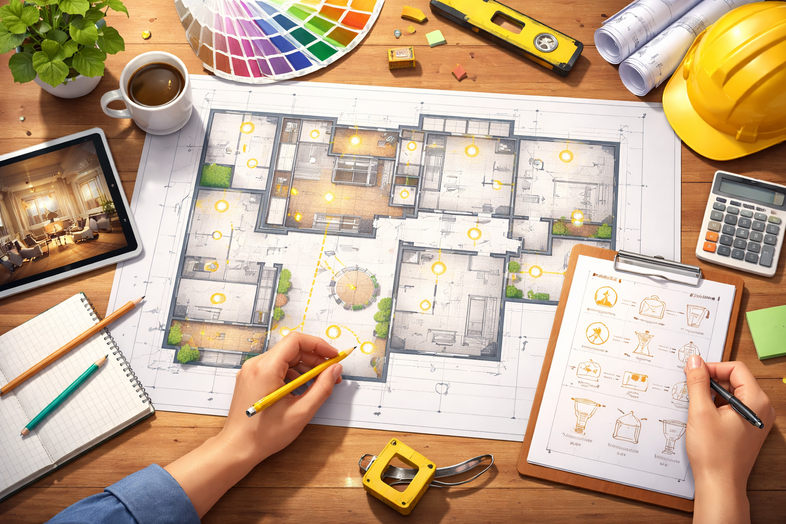 Lighting layout planning on house blueprint with LED fixture positions