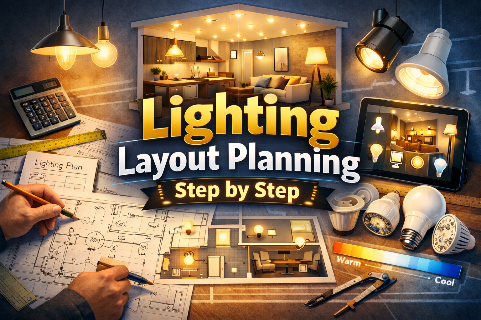 Lighting layout planning blueprint with LED lights and room lighting design setup