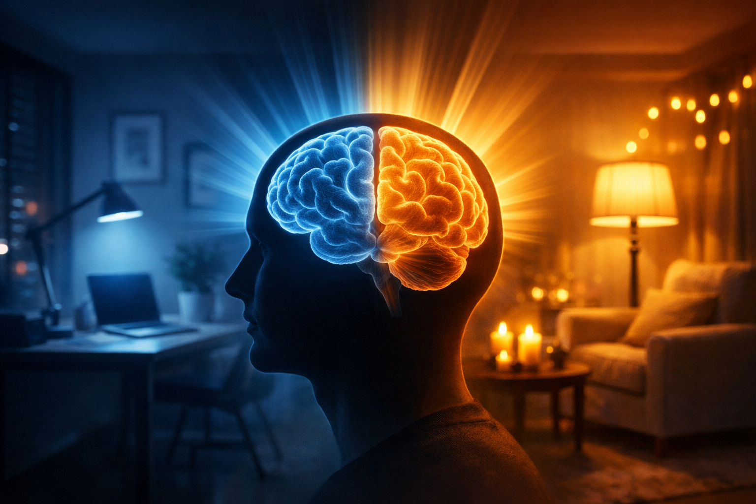 Lighting psychology concept showing cool blue workspace vs warm cozy living room lighting affecting the human brain