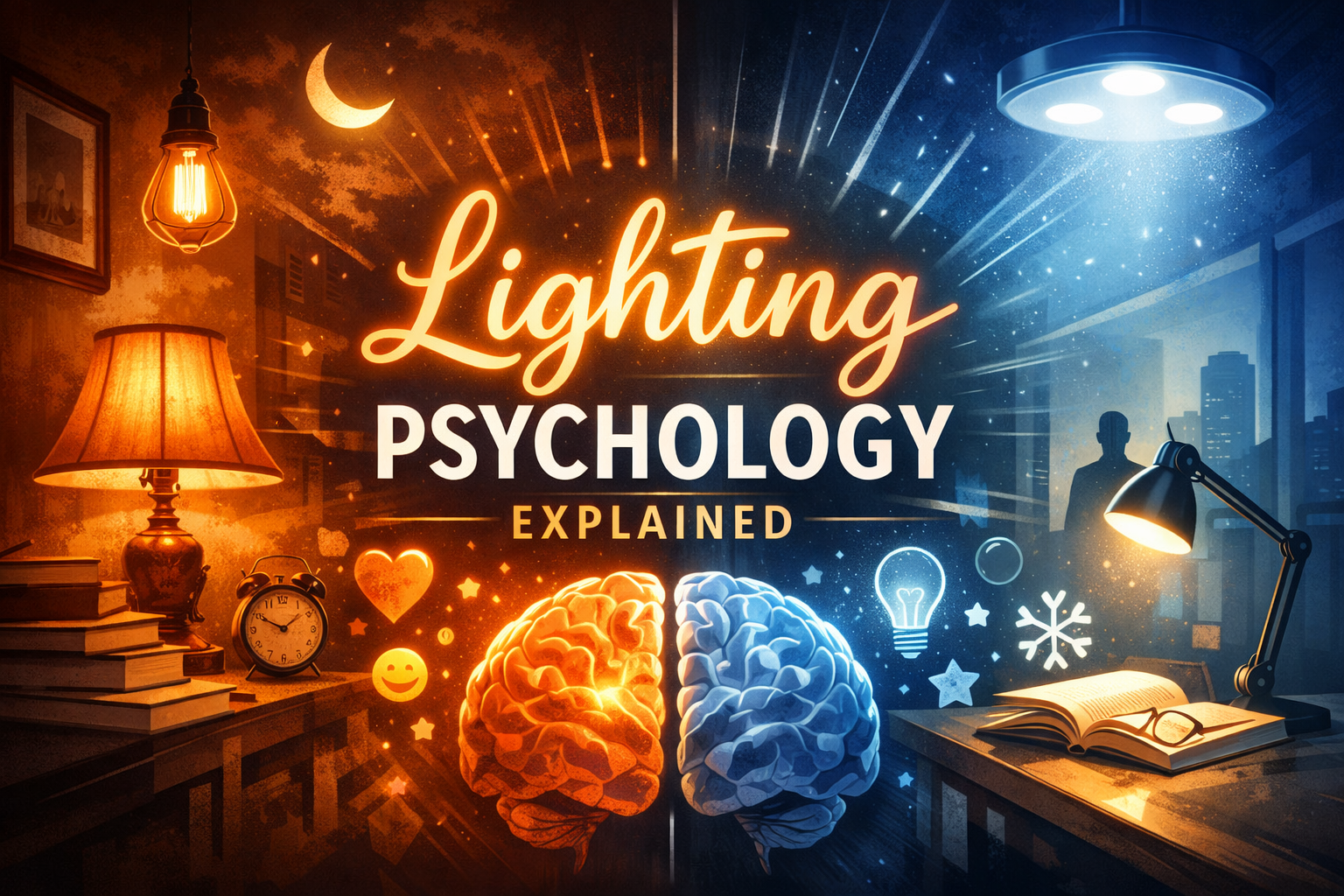 Lighting psychology concept showing warm vs cool lighting effects on mood and focus