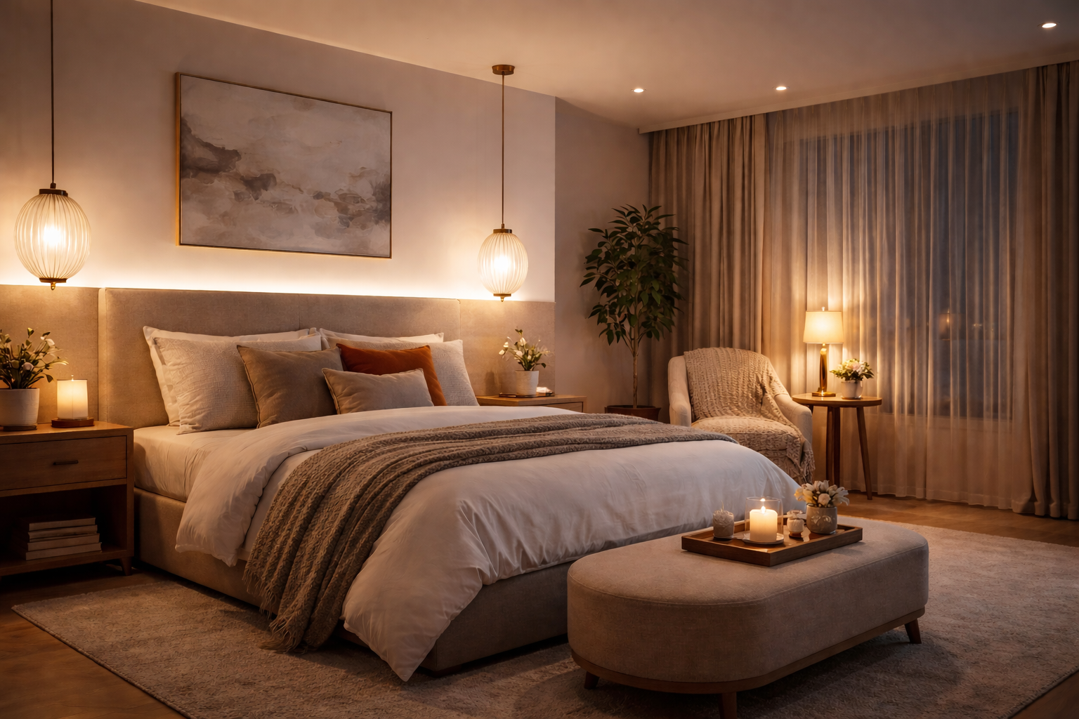 Modern bedroom lighting design with warm LED ambient lights and bedside lamps