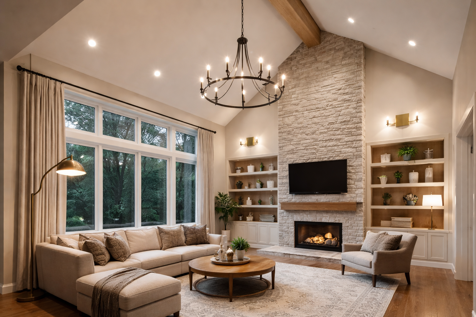 High ceiling living room with chandelier and layered lighting design