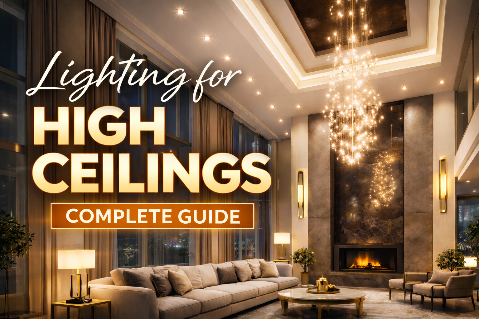 Modern living room with chandelier lighting for high ceilings