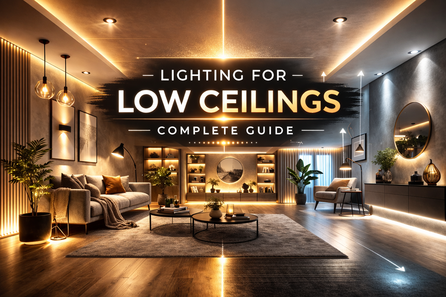 Low ceiling living room lighting design with recessed lights and LED strips, lighting for low ceilings