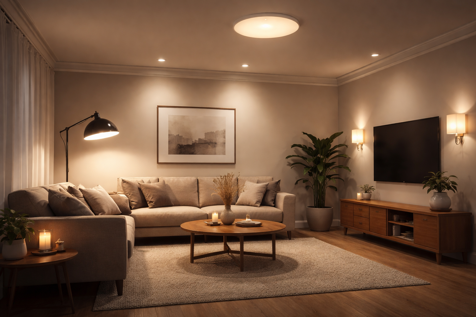 soft warm LED living room lighting with glare reduction and diffused ambient light design, lighting glare reduction guide