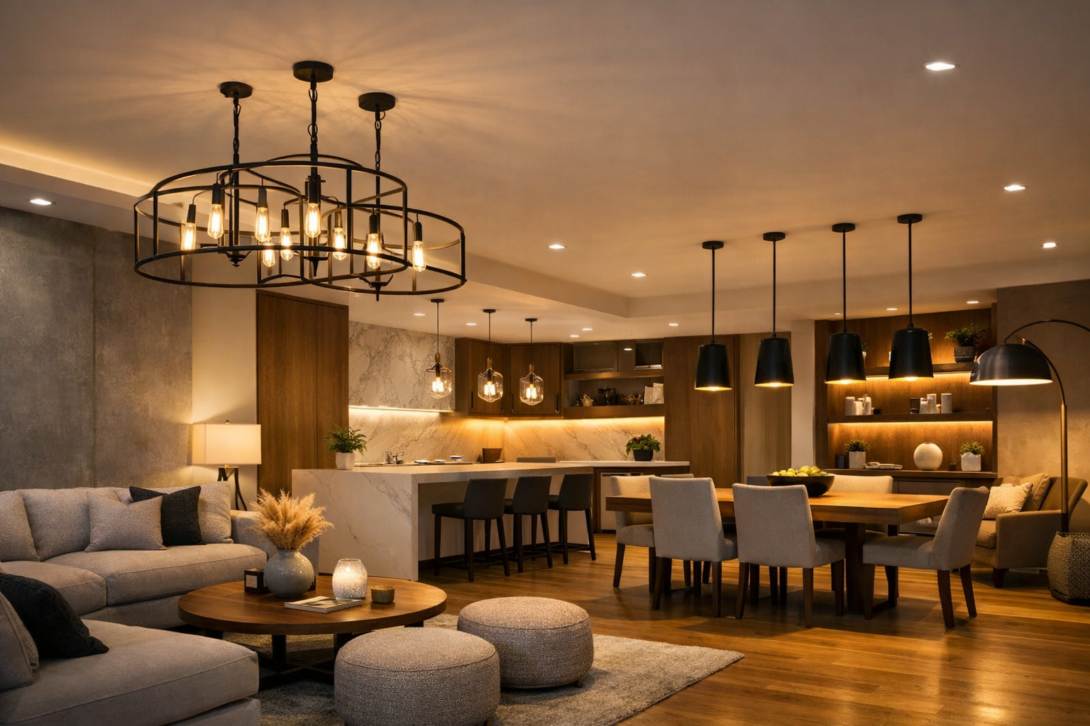 lighting design for open floor plans with layered LED lights in modern living, dining and kitchen space