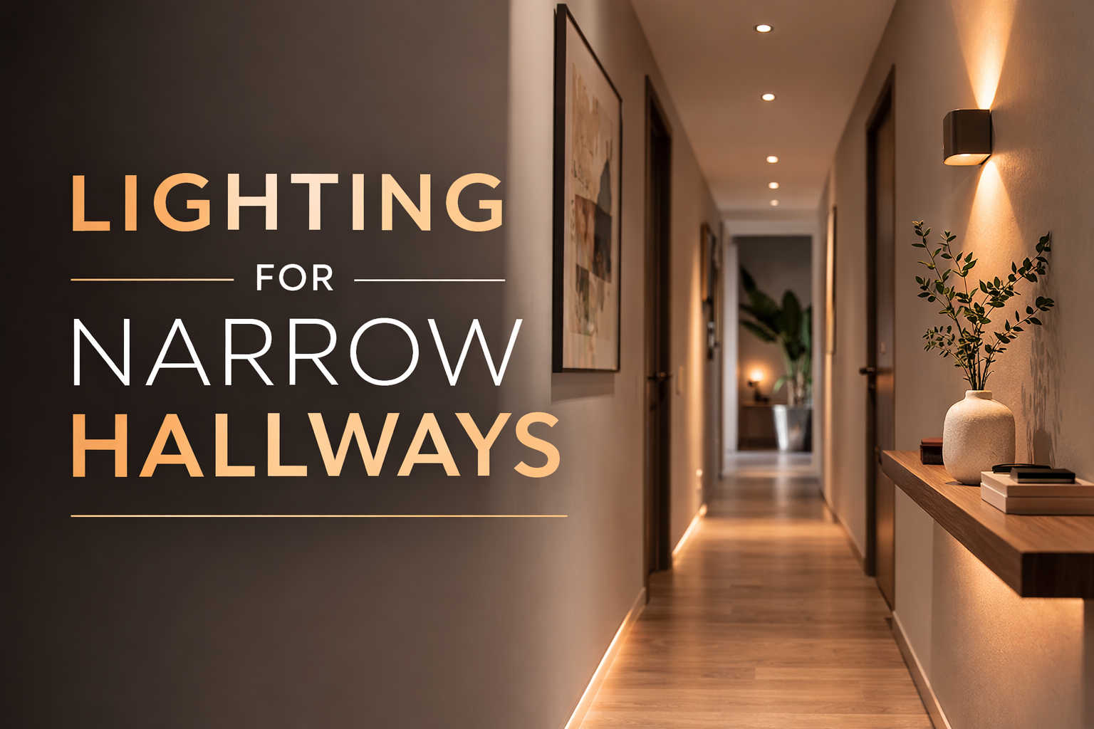 Modern LED lighting for narrow hallways with recessed lights and warm ambient illumination