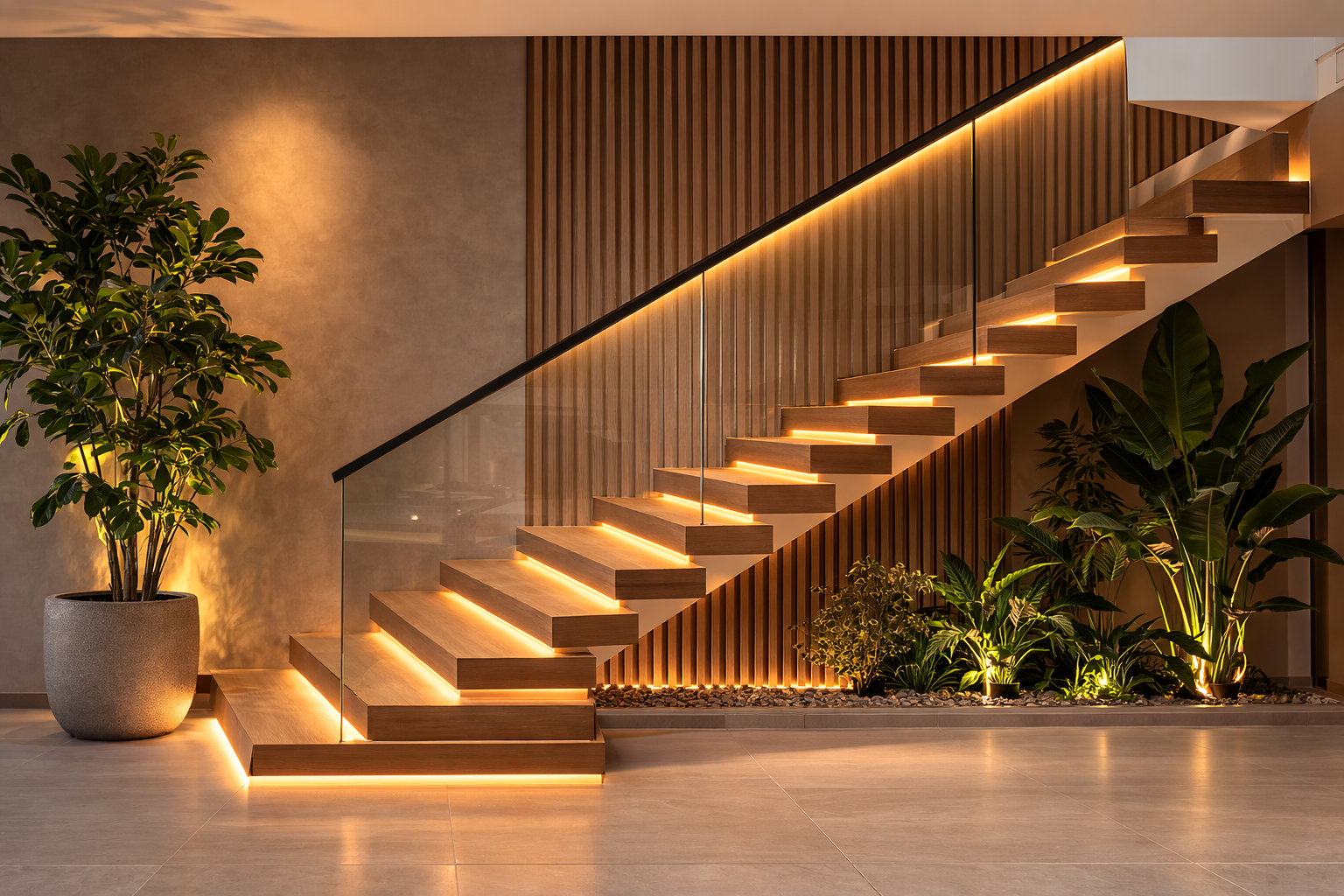 Lighting design for staircases with warm LED step lighting and glass railing design