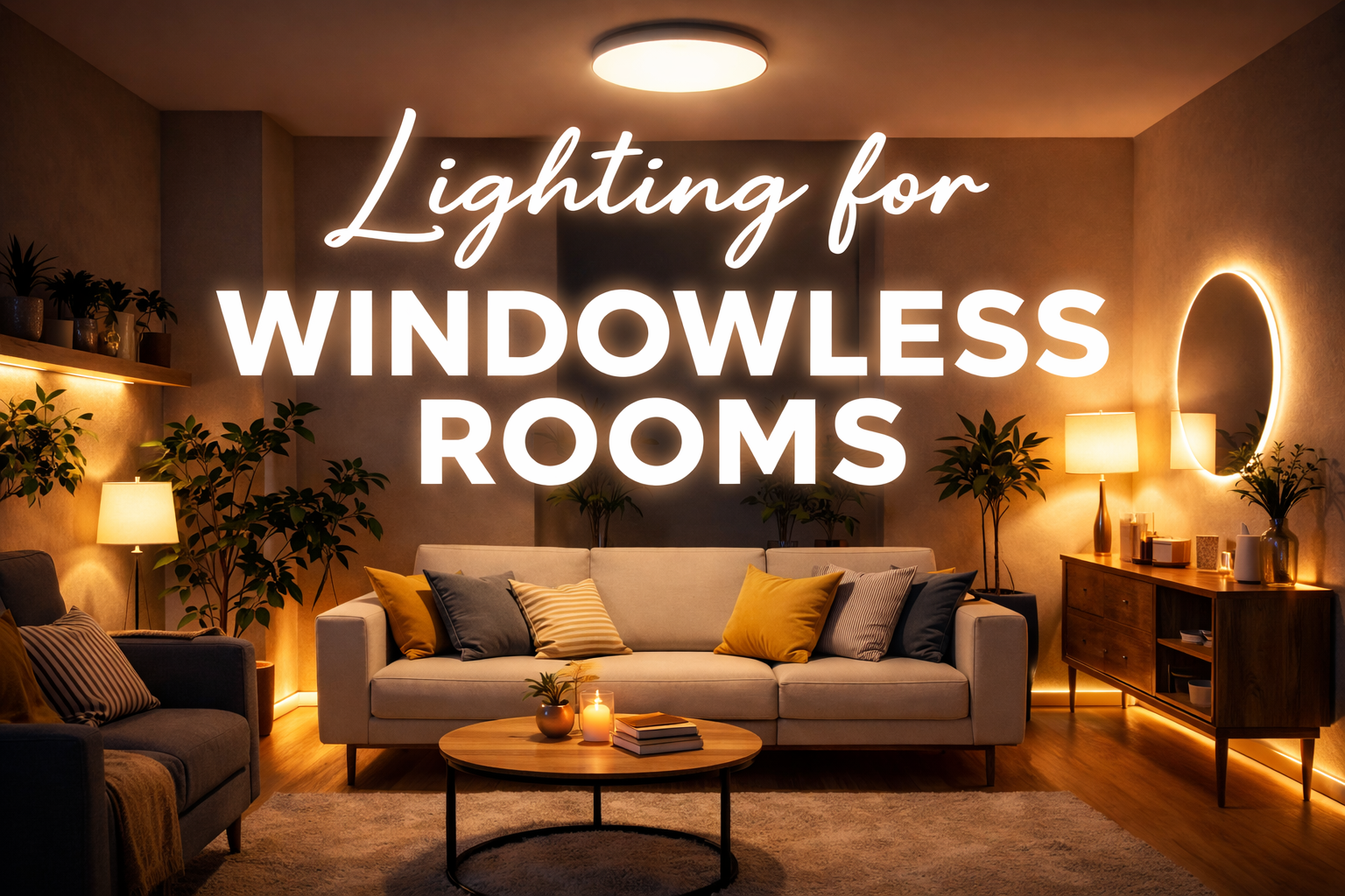 LED lighting for windowless rooms setup illuminating a modern windowless living room interior.