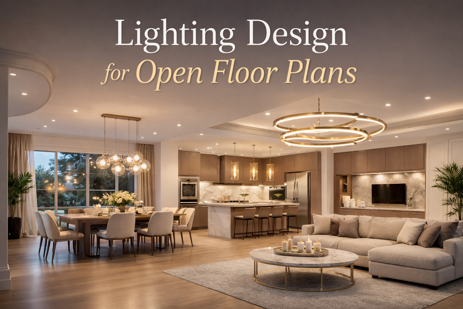 Modern open floor plan lighting design with LED pendant lights, recessed ceiling lighting, and cozy living room illumination, lighting design for open floor plans