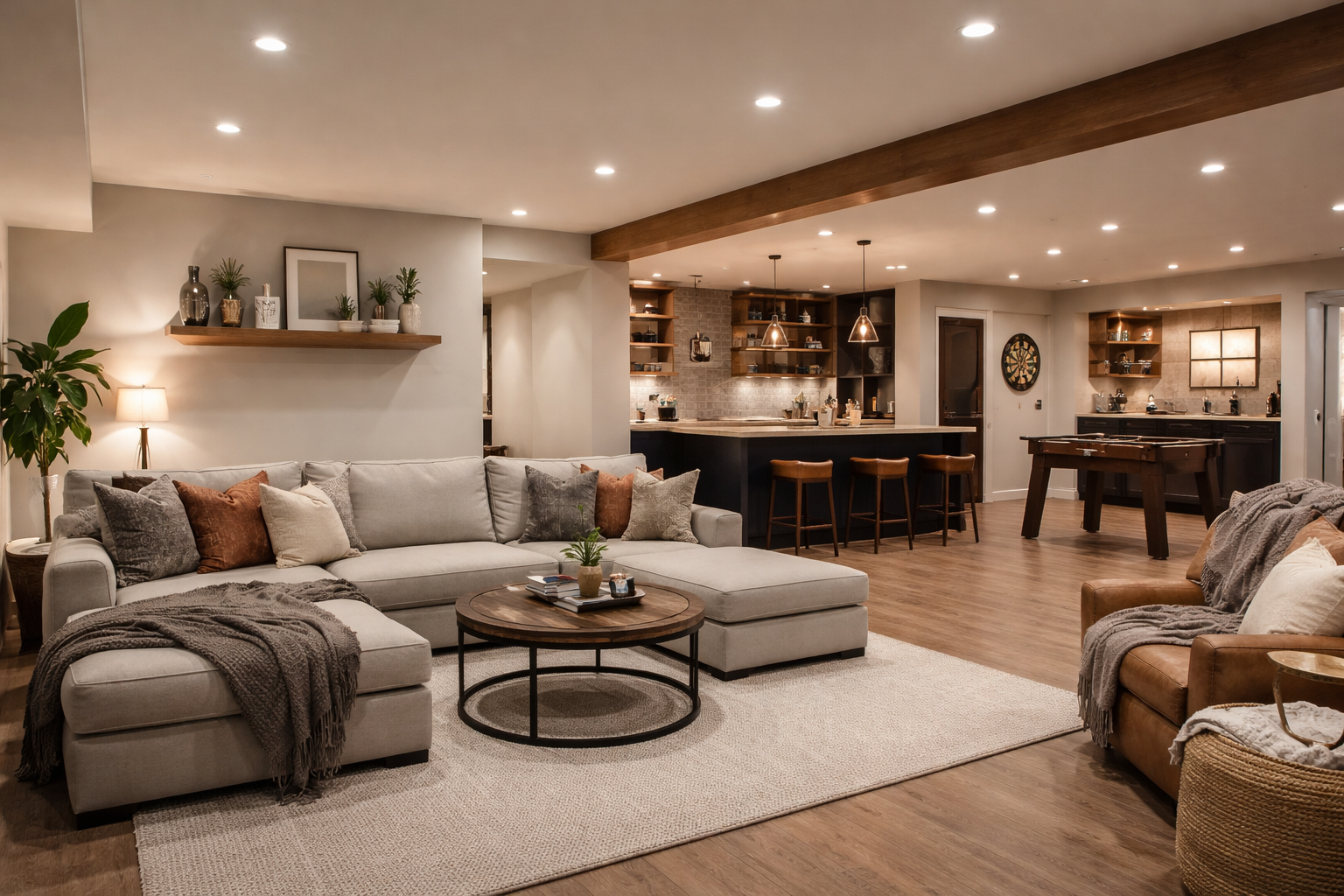 bright basement lighting setup with recessed LED lights and warm ambient lighting