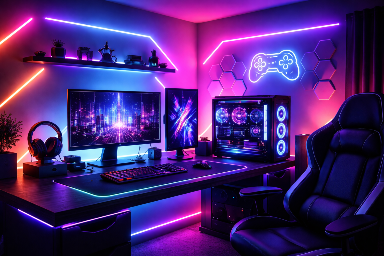 gaming room setup with LED strip lighting behind desk and monitors