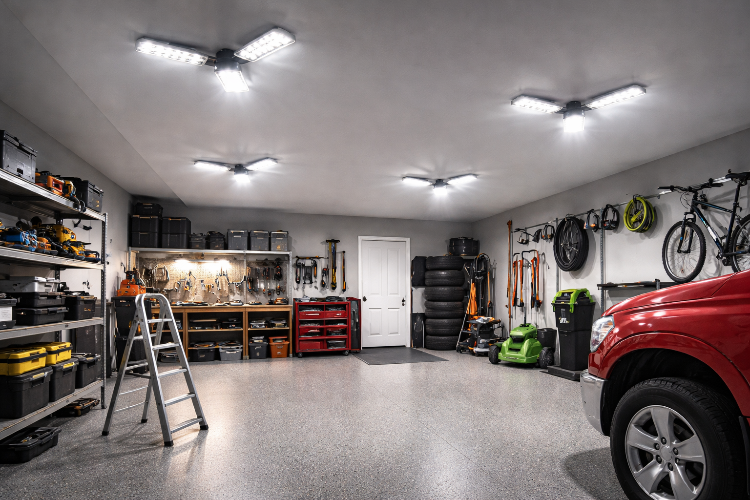 garage lighting setup with multiple LED ceiling lights evenly distributed
