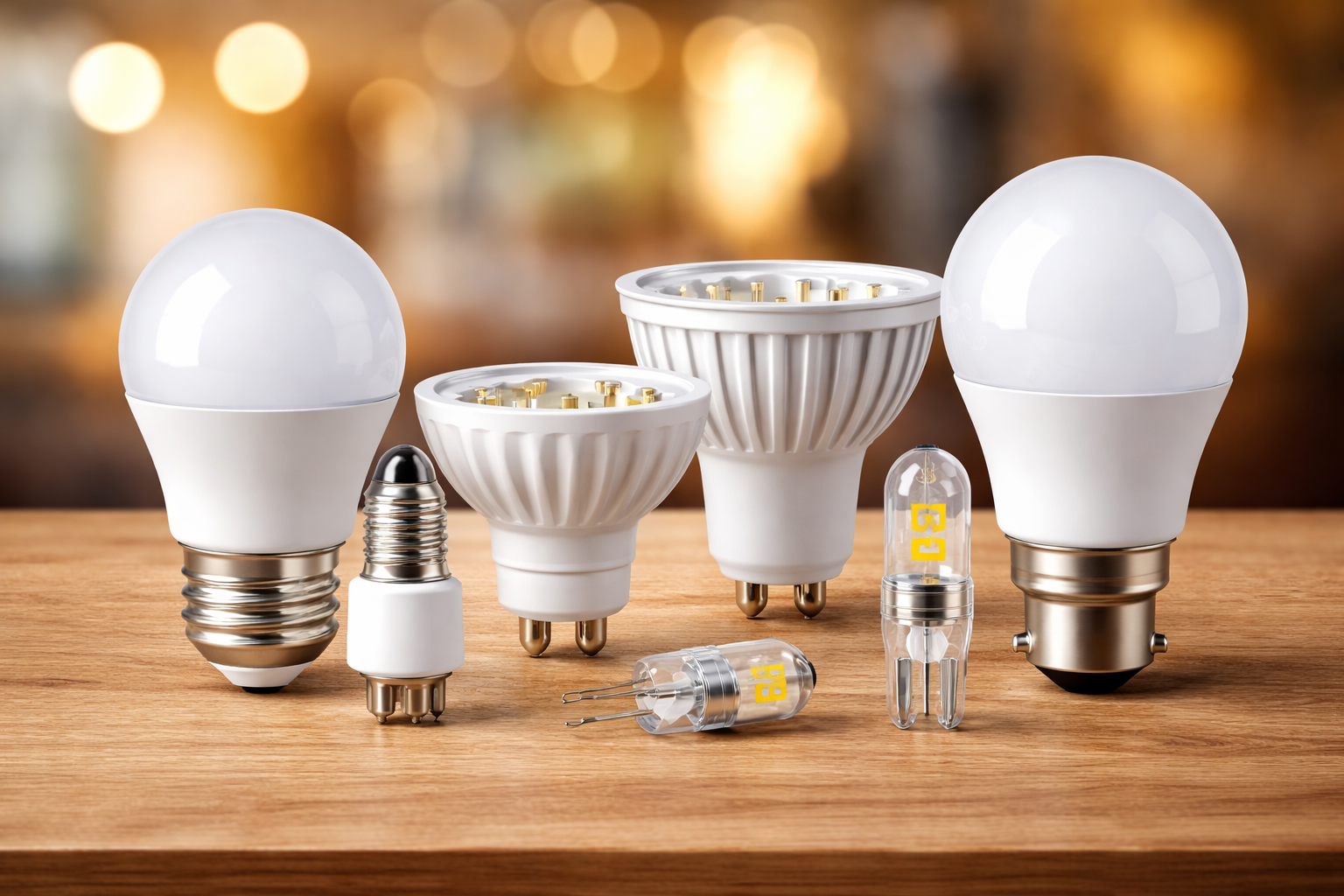 LED bulb base types comparison showing E27 E14 B22 and GU10 bulbs