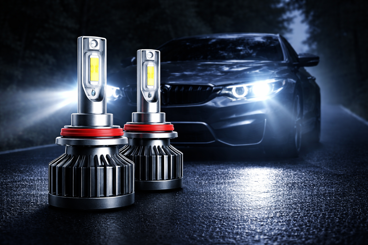 LED headlight bulbs with strong beam pattern and high brightness on a dark road