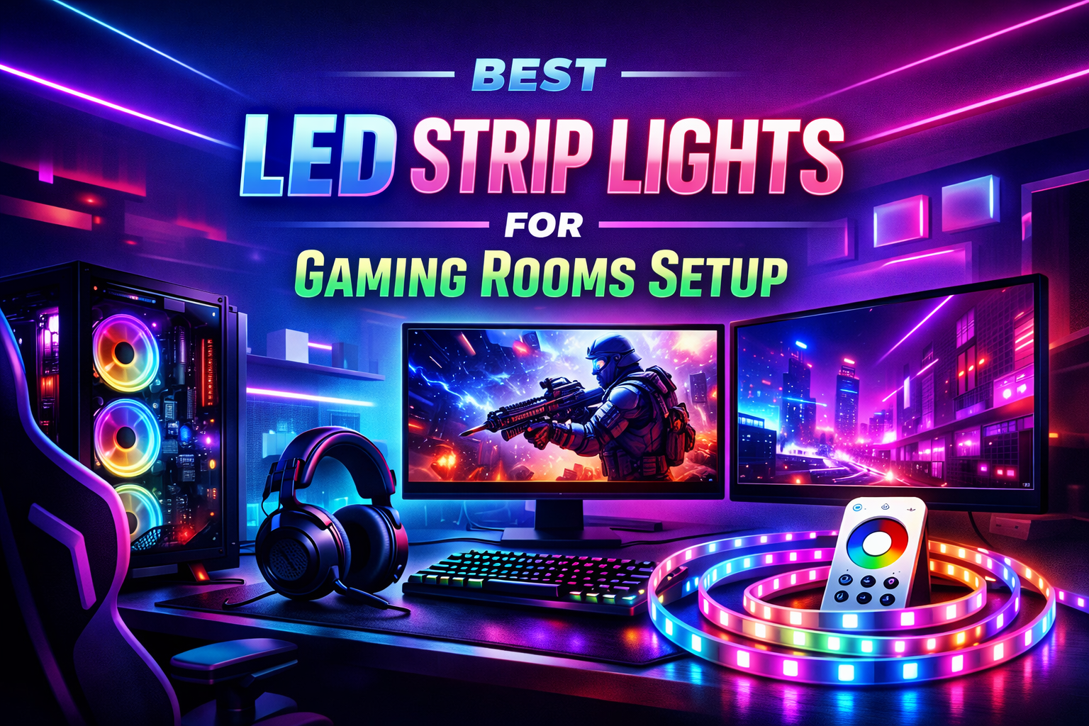 LED strip lights for gaming room setup with RGB lighting and desk setup