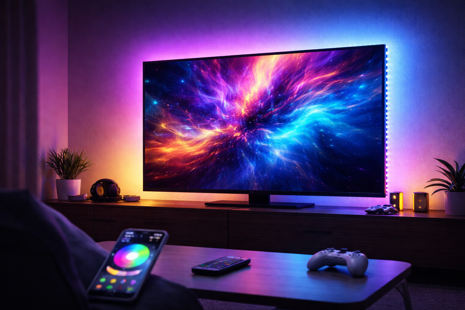 LED TV backlight ambient lighting in living room with smart control