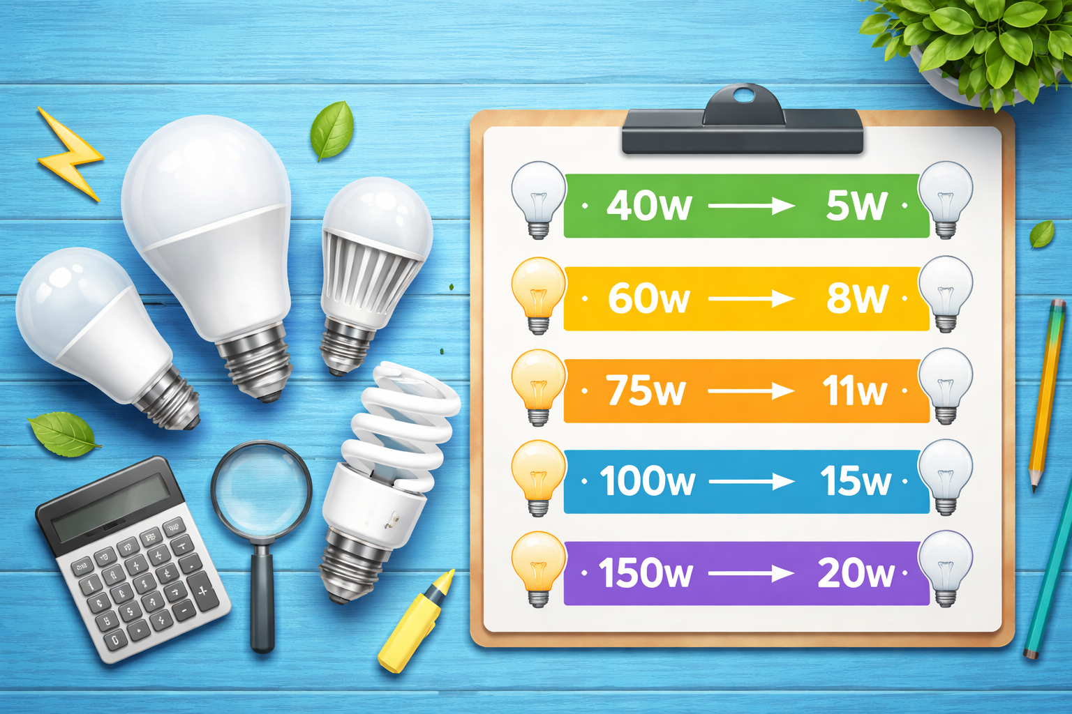 LED bulb wattage conversion chart from incandescent to LED equivalents