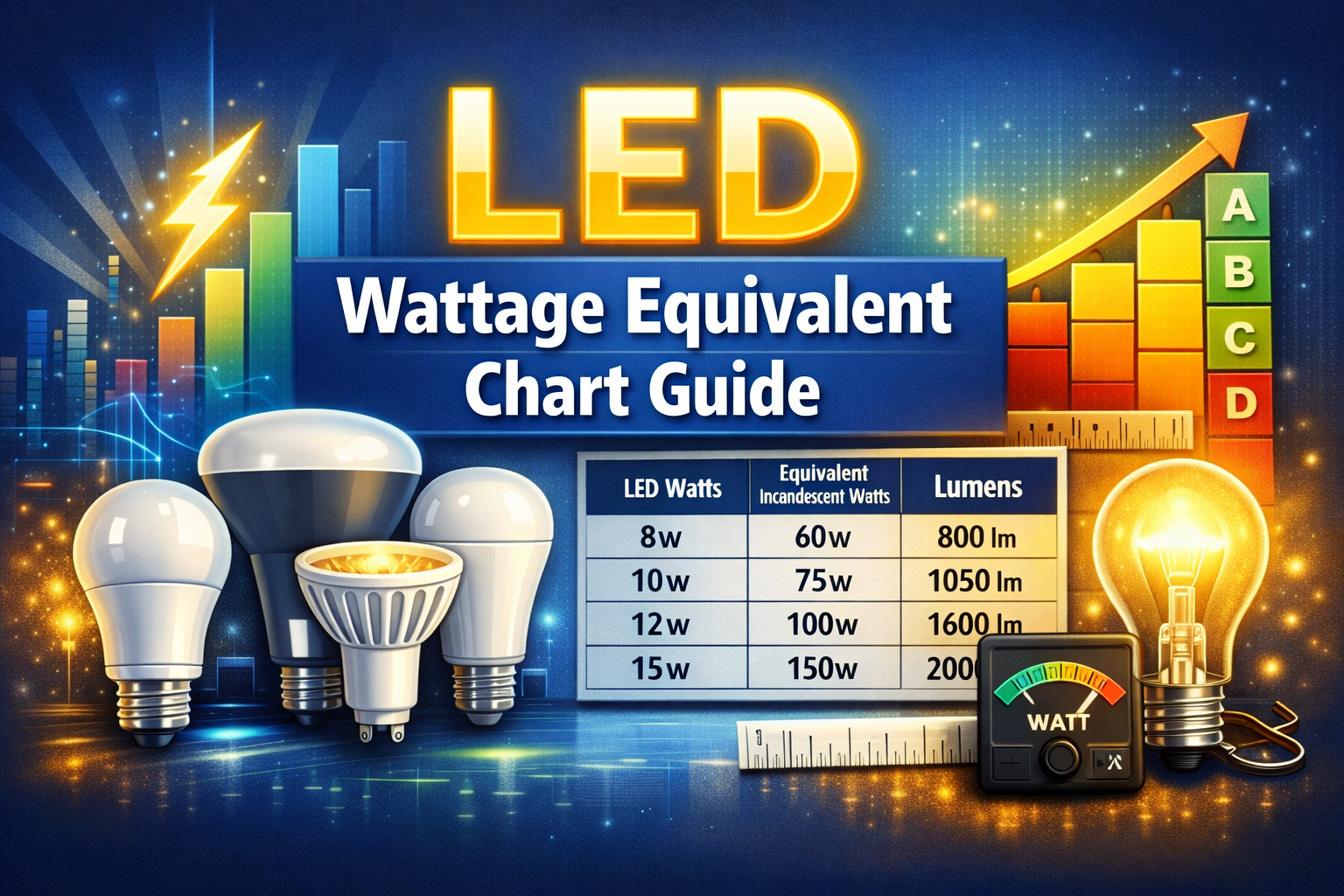 LED wattage equivalent chart showing lumens and bulb comparisons