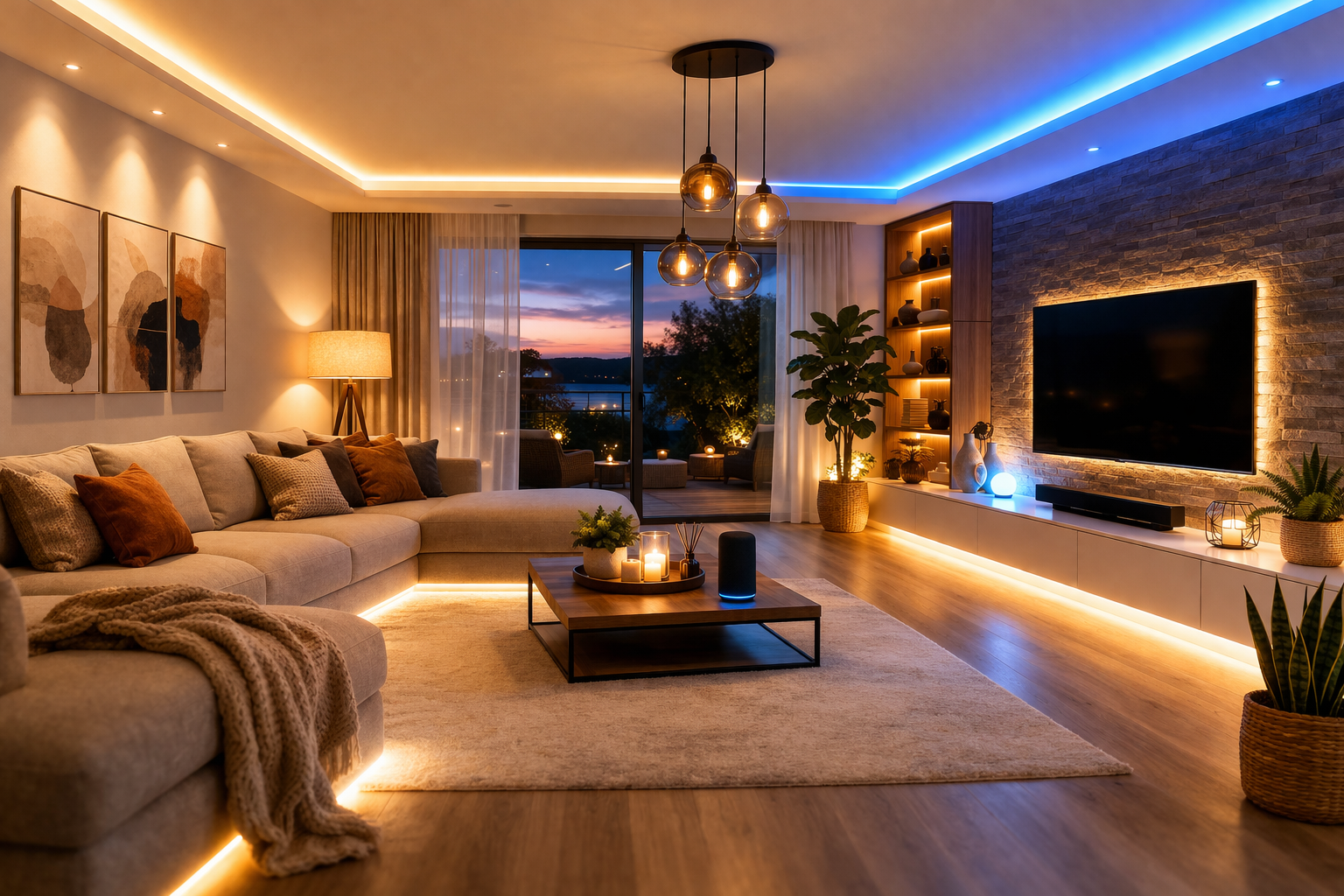 modern living room smart lighting setup with LED strips and ambient ceiling lighting