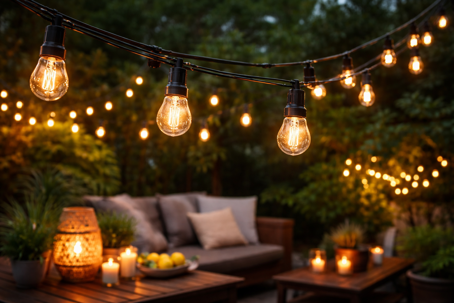 outdoor LED string lights providing cozy lighting for patio and garden spaces