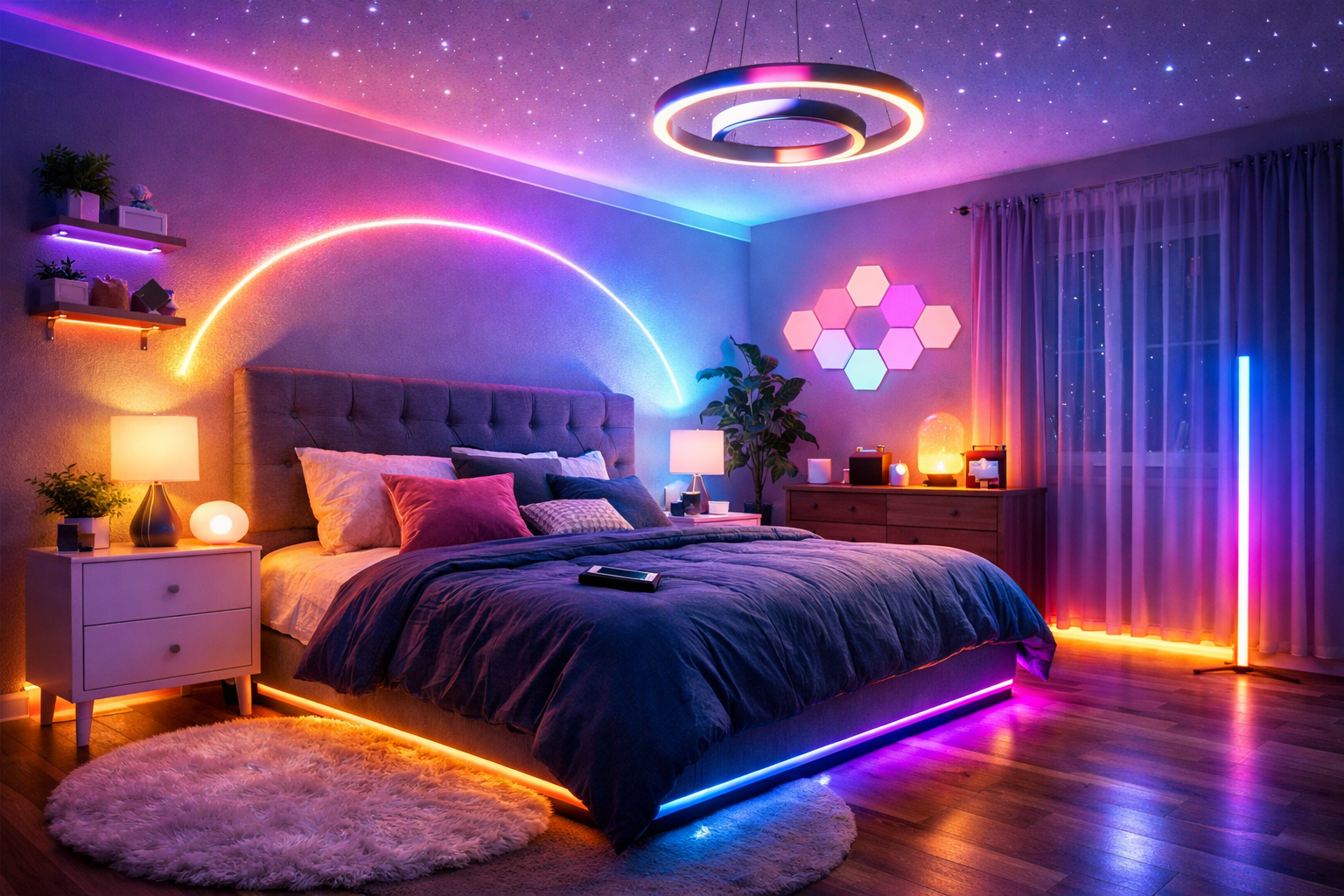 smart bedroom LED lighting setup with RGB ambient lights and modern design
