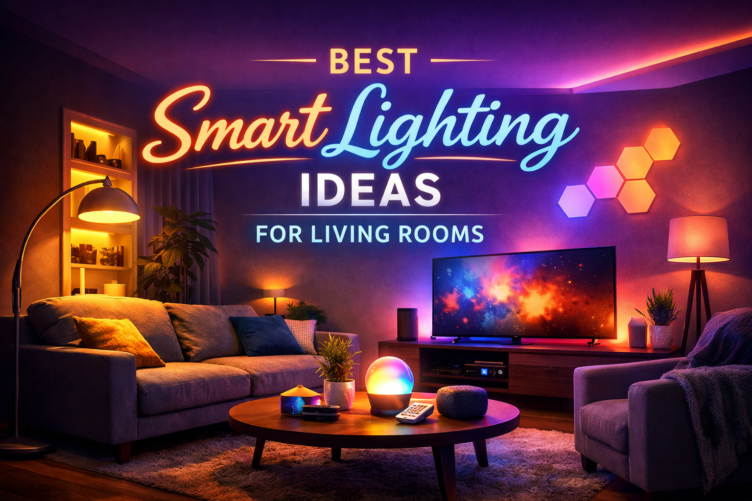 Smart lighting ideas for living rooms combining ambient LED lighting, smart bulbs, and modern automation