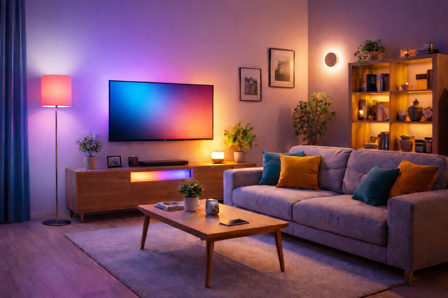 smart lighting setup in living room using affordable LED lights and ambient colors