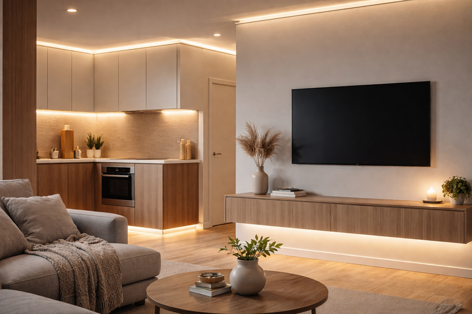 hidden LED strip lights behind furniture creating a clean ambient look